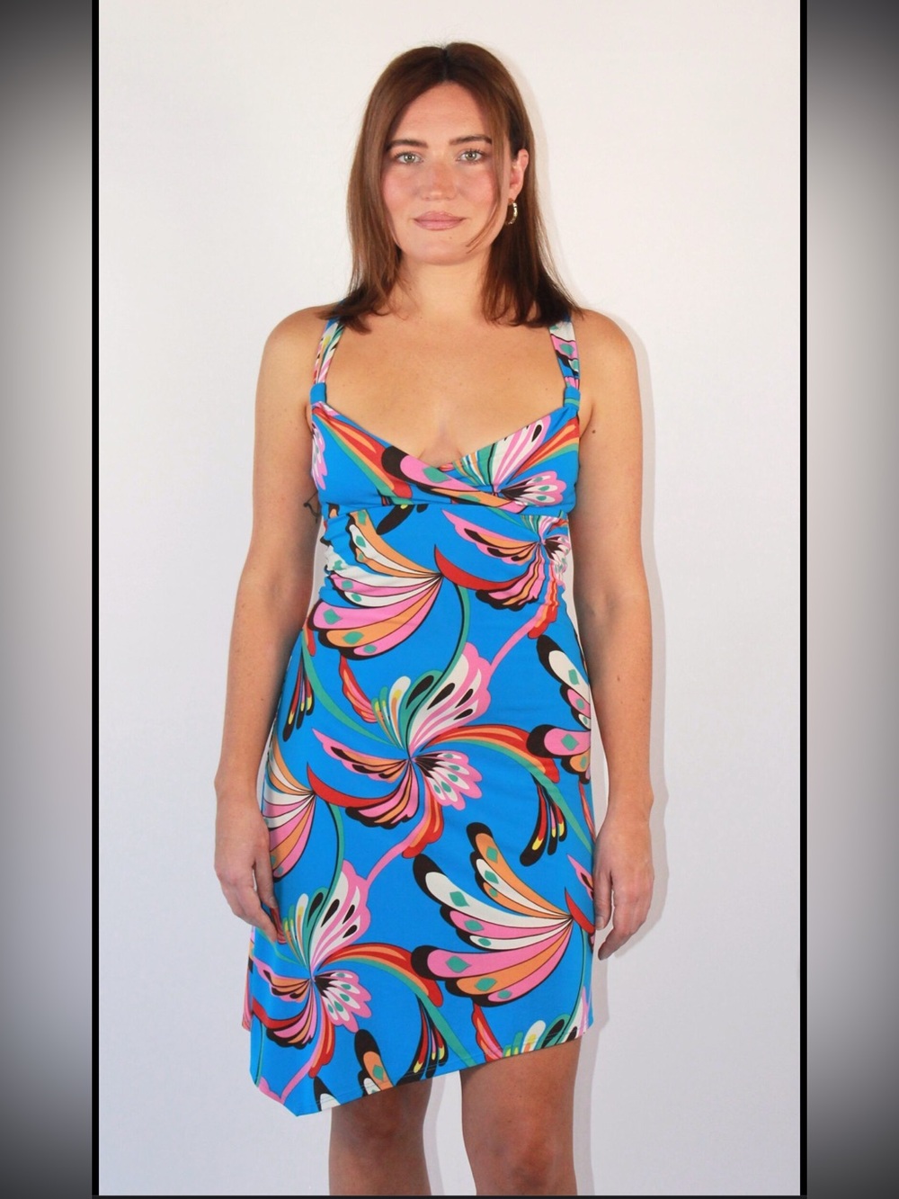 BCBGMaxAzria Blue Multicolor Floral-Print One-Piece Swim Dress